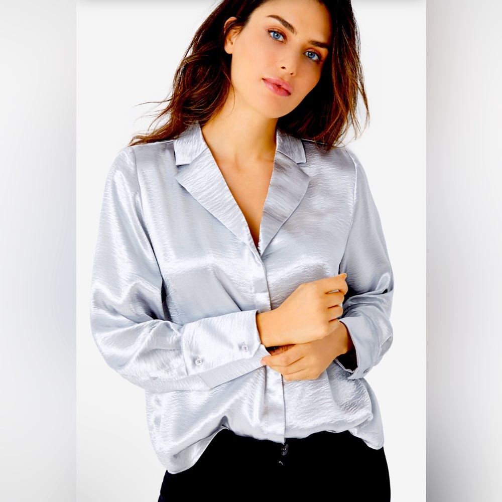 New Ellos Plus Metallic Silver Satin Long Sleeve Collar Button Blouse Size 28